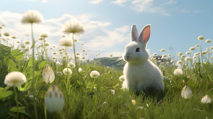 a rabbit in a grassy meadow with white eggs laying in the green grass