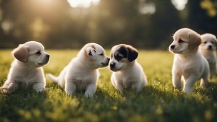 cute puppies sitting on green grass - obrazy, fototapety, plakaty