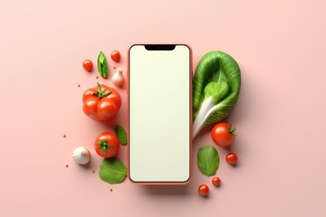 Smartphone with blank screen and fresh groceries. online grocery shopping app - obrazy, fototapety, plakaty