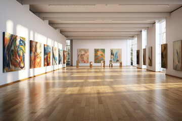 Interior of modern art gallery with paintings on walls and wooden floor