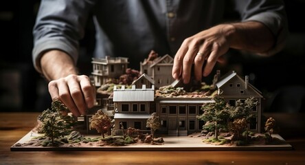 Close up of male architect hands making model house
