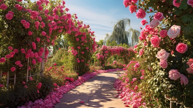 An image showcasing an enchanting rose garden in full bloom, with space for text to describe the vibrant colors and sweet fragrance. Background image, AI generated