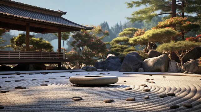 An image showcasing the serene beauty of a traditional Japanese Zen garden with meticulously raked gravel and carefully placed stones, with space for text. Background image, AI generated