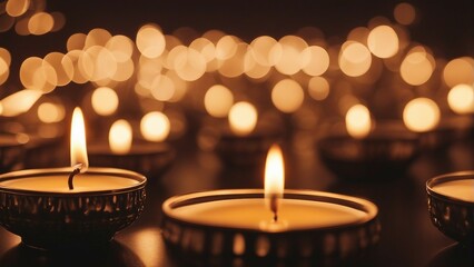 Decorative meditation candles burning in the dark, blurry background