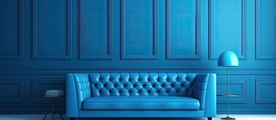 Blue monochrome space shown with a sofa