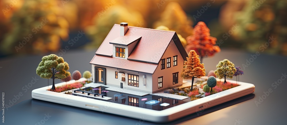 Poster a modern house with a screen showing a remote control or tablet app for the smart home