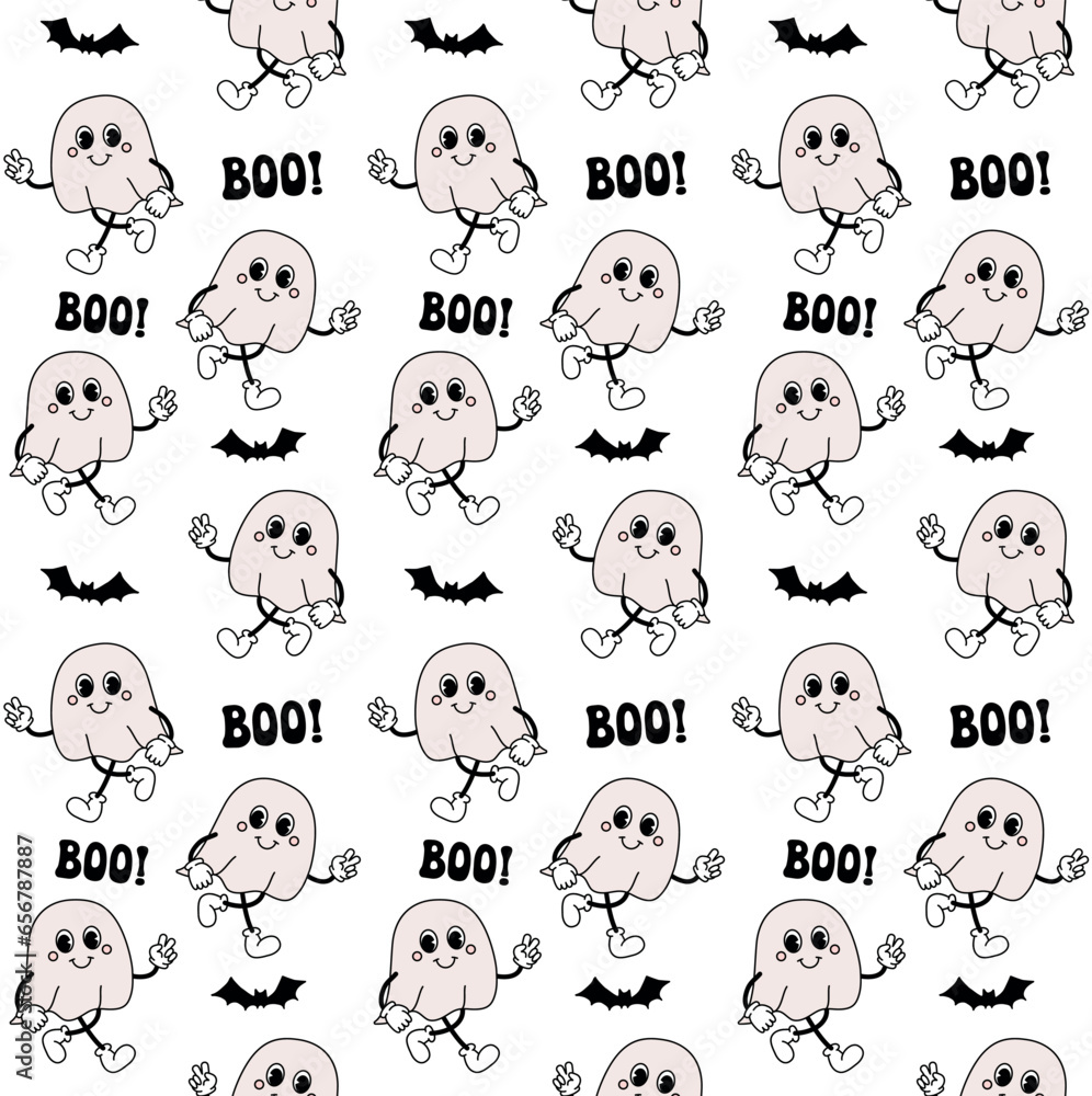 Canvas Prints Vector seamless pattern of retro groovy cartoon ghost and Halloween boo lettering isolated on white background