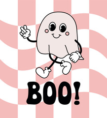 Vector retro groovy cartoon ghost and Halloween boo lettering isolated on chessboard background