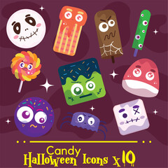 VECTOR SET CANDY HALLOWEEN CUTE ILLUSTRATIONS AND ICONS, SPIDER, MONSTER, ZOMBIE, COOKIE, GUMMY, POPSICLE. ISOLATED ON RED WINE