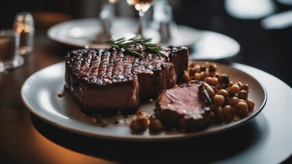 grilled steak with vegetables in plate at luxury restaurant

