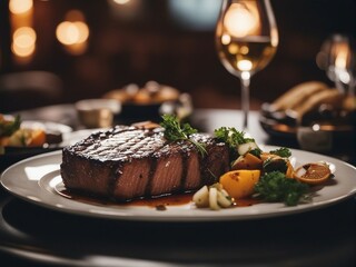 grilled steak with vegetables in plate at luxury restaurant

