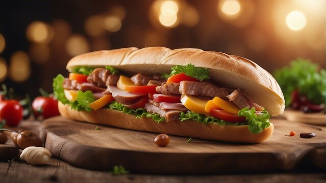 delicious sandwich with meat and vegetables, blurry background