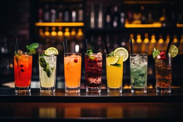beautiful line of colorful alcoholic cocktails in a nightclub bar - obrazy, fototapety, plakaty