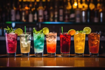 beautiful line of colorful alcoholic cocktails in a nightclub bar