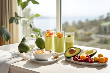 Smoothies, avocados and fresh fruits on a white table in front of a window