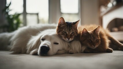cat and dog sleep together in friendship
