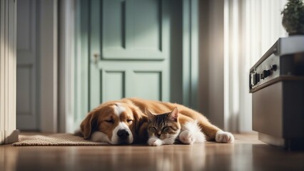 cat and dog sleep together in friendship - obrazy, fototapety, plakaty