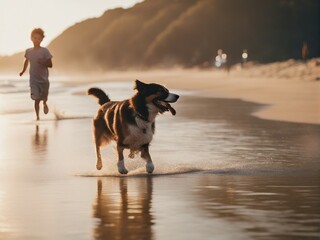 lovely dog and a kid running together at the sea side