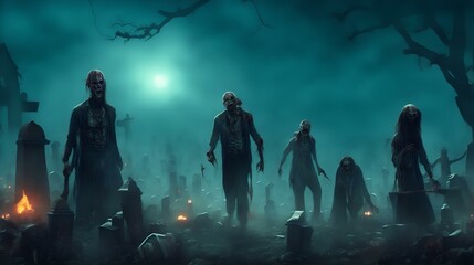 恐ろしいモンスターのシルエットと不気味な墓石、
不気味な夜にゾンビが墓から這い上がる｜Creepy gravestone with scary monster silhouette.Zombies rise from their graves on a spooky night. Generative AI