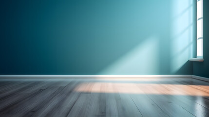 Blue turquoise empty wall and wooden floor with interesting with glare from the window. Interior...