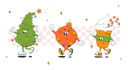 Christmas groovy characters. Tree ball and cup.