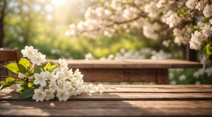 Wooden table and blurred spring background with white blossoms and sunbeams