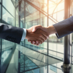 Close up view of business partnership handshake concept.Photo of two businessman handshaking process.Successful deal after great meeting.Horizontal,flare effect, blurred background
