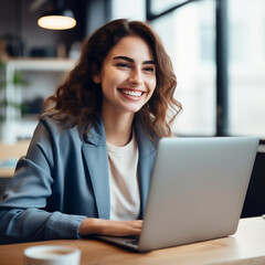 Fototapeta premium Smiling young caucasian business woman head shot portrait. Thoughtful millennial businesswoman looking away with pensive face, dreaming, thinking over project tasks, future lifestyle 