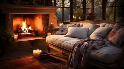 Cozy room with beautiful fireplace Generative AI