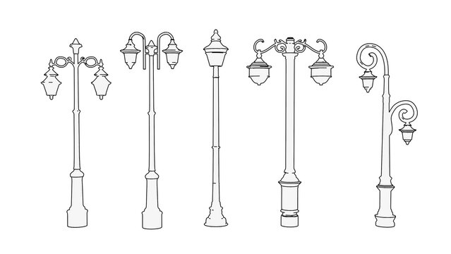 a close up of a group of street lights on a white background, Poles, lampposts, Street lamps, street lamps, street lanterns, street lighting, Street lighting, Street lighting, large beautiful street l