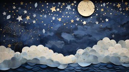 紙を重ねた星空のアート　満月と星と雲 - obrazy, fototapety, plakaty