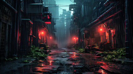 Grungy street with red lights in cyberpunk city, dark alley in rain