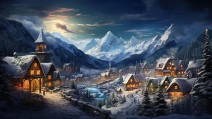 Foto op Canvas Village in winter on Christmas, scenery of snowy mountains and houses © karina_lo