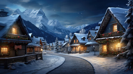 Scenery of houses on Christmas in mountain village in winter at night - Powered by Adobe