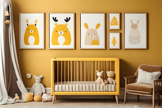 Stylish yellow matte scandinavian newborn baby room with six brown wooden mock up poster frame, toys and armchair