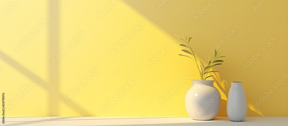 Poster pale yellow background in a studio for showcasing products window shadows in an empty room present p