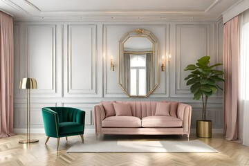 Minimalist and luxury pastel pink house interior with green velvet chair, plant and mirror design. 3d rendering