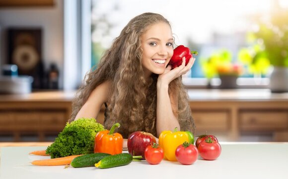 Young woman eating organic vegetable, AI generated image