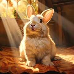 Obraz premium A happy and contented Rabbit lounging in a sunbeam, its soft fur illuminated by the warm rays