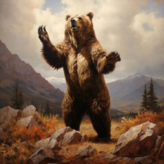A majestic grizzly bear standing tall on its hind legs, surveying its territory with an air of strength - obrazy, fototapety, plakaty