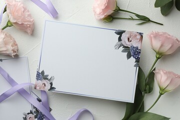 Blank invitation card, ribbon and pink flowers on white table, flat lay