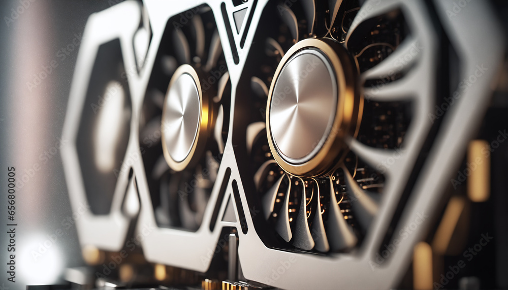 Poster macro view of computer gpu fan, emphasizing shallow depth of field, ideal for illustrating technolog