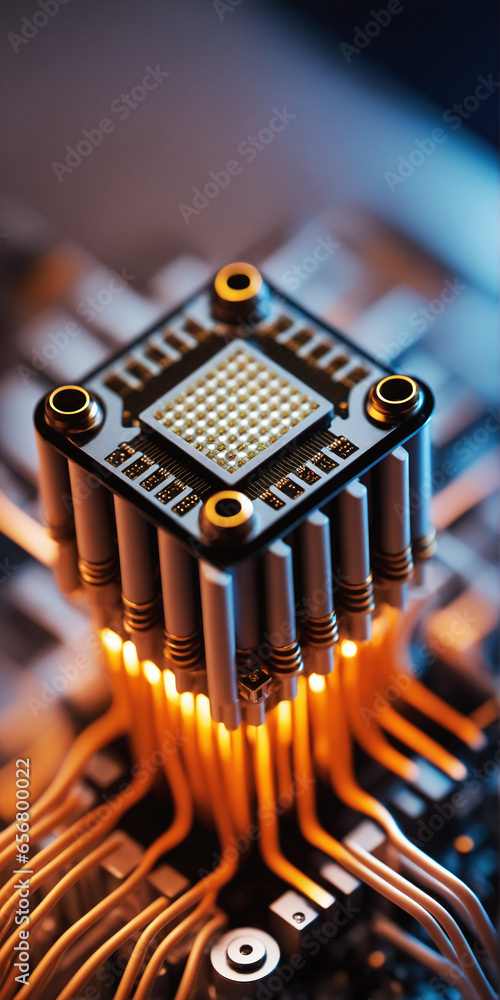 Poster quantum processor unit (qpu) showcased in an abstract tech background. quantum computing's impact on