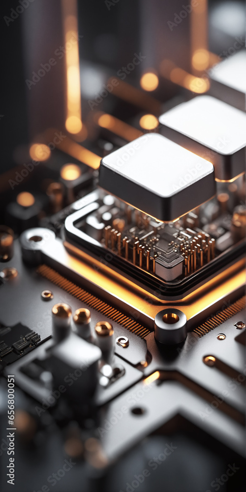 Poster abstract tech background showcasing a macro view of microchip and motherboard components. perfect fo