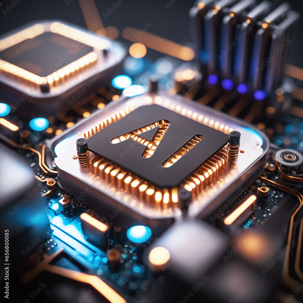 Poster ai chip, futuristic microchip, abstract tech background. perfect for conveying advanced technology a