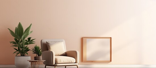 Elegant home decor with retro interior design and vintage elements like a stylish chair table plants accessories and a gold mock up poster frame on a beige wall