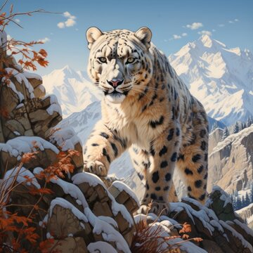 the fierce gaze and regal poise of a snow leopard, camouflaged among rocky mountain