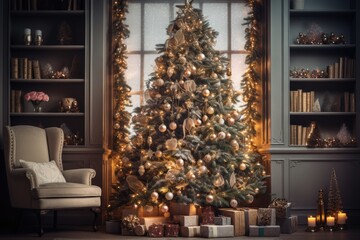 Christmas, New Year, evening interior with decorated Christmas tree and gifts
