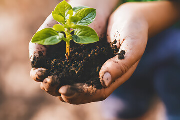 close-up of a child's hand holding a plant with soil in it, environment concept, generative ai - obrazy, fototapety, plakaty