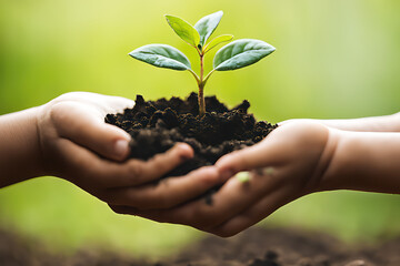 close-up of a child's hand holding a plant with soil in it, environment concept, generative ai